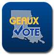 Icon for Geaux Vote logo, gold and blue letters over Louisiana in light blue against blue background