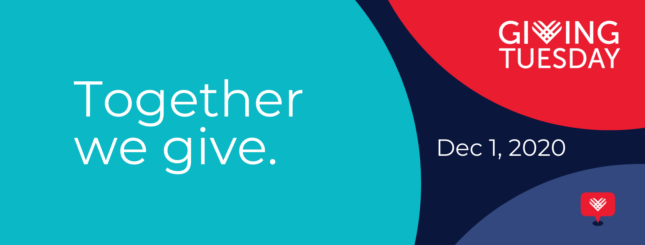 Words "Together we give", "Giving Tuesday", and "December 1, 2020" over teal, red, and blue semi-circles against a dark blue background