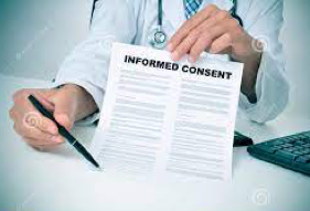 Doctor holding up a form with the heading that reads "informed consent'