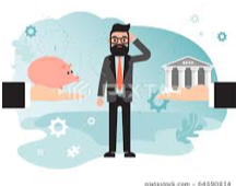 Icon depicting a man in a suit, scratching his head, with a symbol for a piggy bank and financial institution on each side of him, representing his making a financial decision