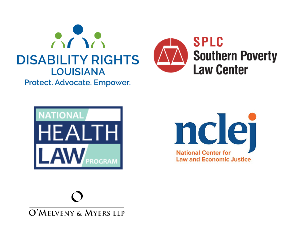 Logos for DRLA, Southern Poverty Law Center, National Health Law, National Center for Law and Economic Justice, and O'Mulveney & Myers LLP