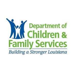 Logo for LA Department of Children & Family Services: Building a stronger Louisiana in green text. An icon showing two adults holding hands with a child in blue