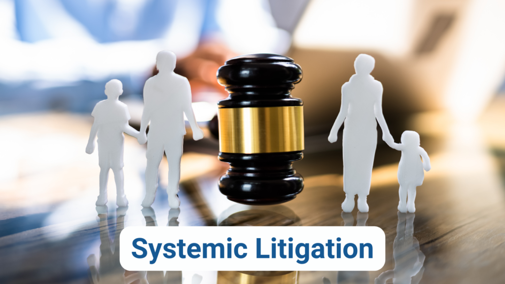 Photo of a gavel resting on a desk, offset on each side by two paper cutouts depicting a parent and child. The background is blurred and the text at bottom reads "Systemic Litigation"