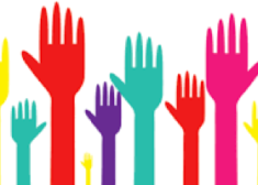 A graphic showing a multi colored row of raised hands