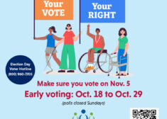 Text at the top of the graphic reads "1 in 3 Louisianians has a disability." Underneath the text are icons showing a diverse group of four women using mobility assisting devices. The two women at left are each holding flags that respectively read "Your Vote. Your Right" At left is text that reads "Election Day Voter Hotline - 800-960-7705." Under the icons, the text reads "Make sure you vote on November 5th. Early Voting: October 18th to October 29th. Polls closed Sundays." At bottom center is the logo for Disability Rights Louisiana, featuring a figure in blue offset on each side by a figure in green. Underneath is text that reads "Protect. Advocate. Empower." At bottom right is a QR code linking to:https://disabilityrightsla.org/how-we-can-help/voting/