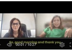 Image of two women in side by side video panels with captioned text reading "so good morning and thank you" underneath