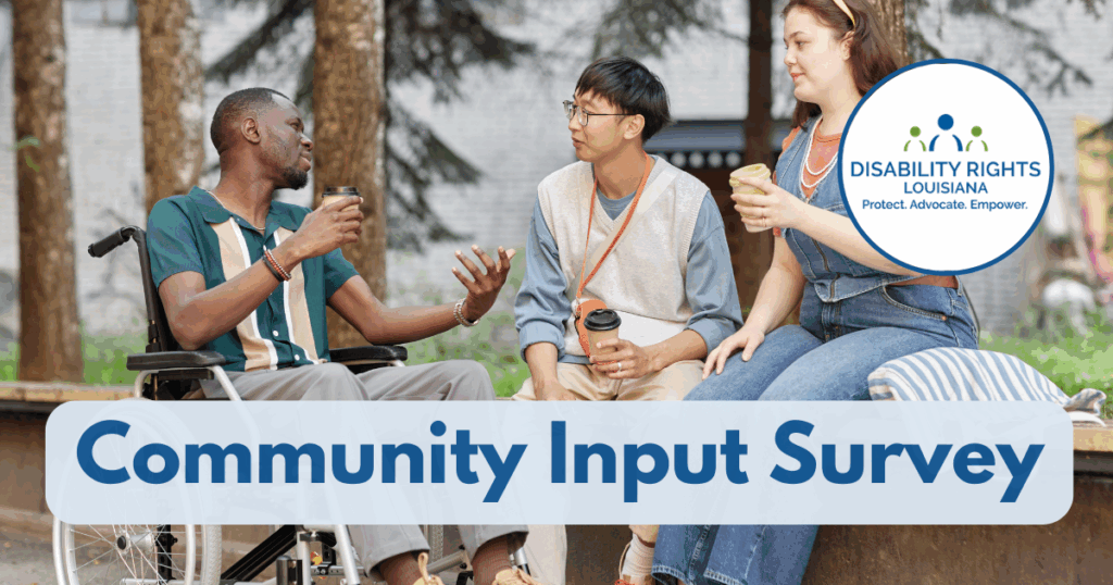 Image of diverse group of three young people talking outside in a campus setting. A man using a wheelchair at left talks to two friends having coffee.