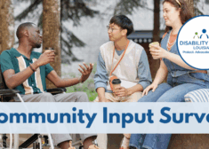 Image of diverse group of three young people talking outside in a campus setting. A man using a wheelchair at left talks to two friends having coffee.