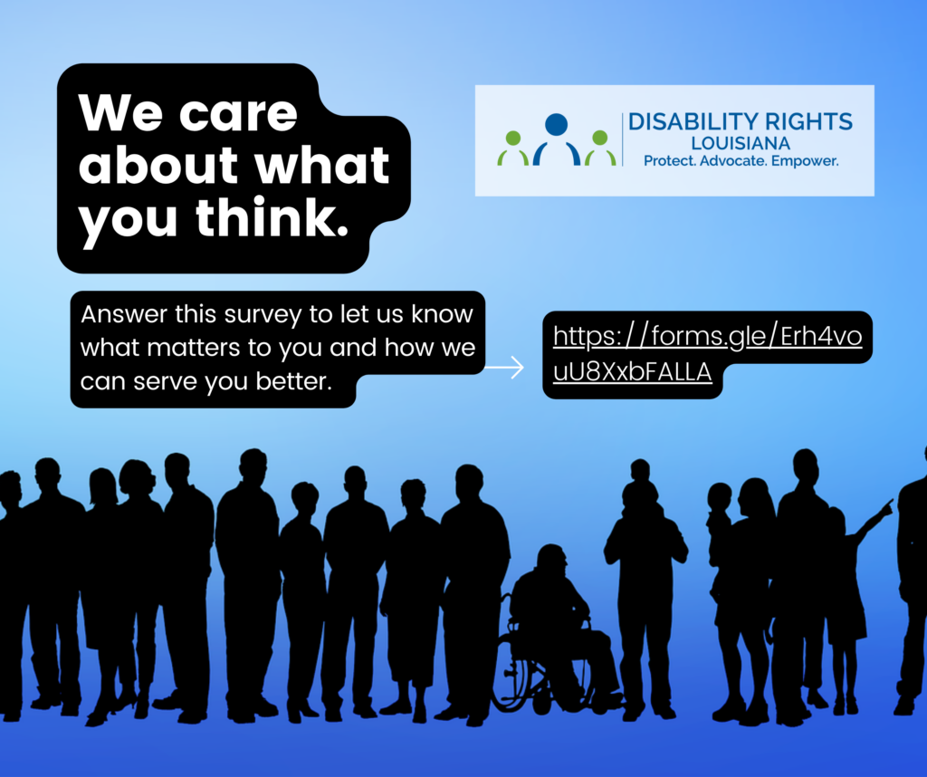 Text in white against a blue background above a row of diverse people standing in silhouette that reads "We care about what you think. Answer this survey to let us know what matters to you and how we can serve you better. Link: https://forms.gle/Erh4vouU8XxbFALLA"