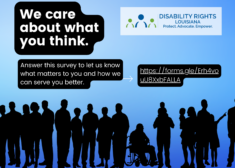 Text in white against a blue background above a row of diverse people standing in silhouette that reads "We care about what you think. Answer this survey to let us know what matters to you and how we can serve you better. Link: https://forms.gle/Erh4vouU8XxbFALLA"